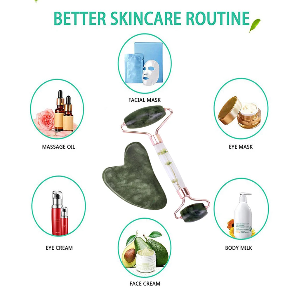 Natural Jade Gua Sha & Facial Roller Set — Anti-Puffiness Face Massager for Sculpting, Lifting & Glowing Skin